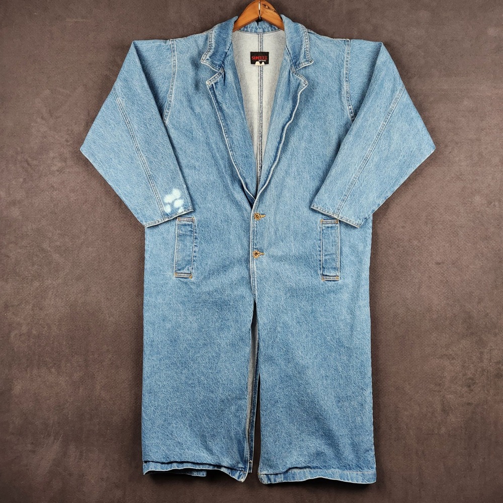 Vintage Sunbelt Sportswear Denim Trench Coat Duster Blue Womens Medium Oversized
